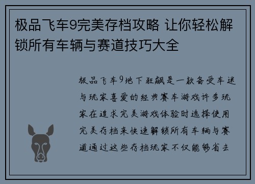 极品飞车9完美存档攻略 让你轻松解锁所有车辆与赛道技巧大全